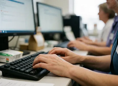 Hands of workers typing on computer keyboards in a clinical office.