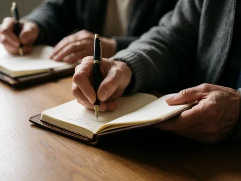 Close-up of adult hands writing with a pen in a leather notebook on a wooden desk, capturing a realistic academic moment.