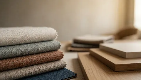 Fabric swatches and wood samples on a design interior table.