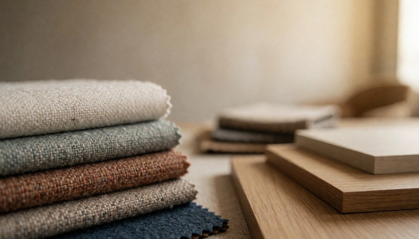 Fabric swatches and wood samples on a design interior table.