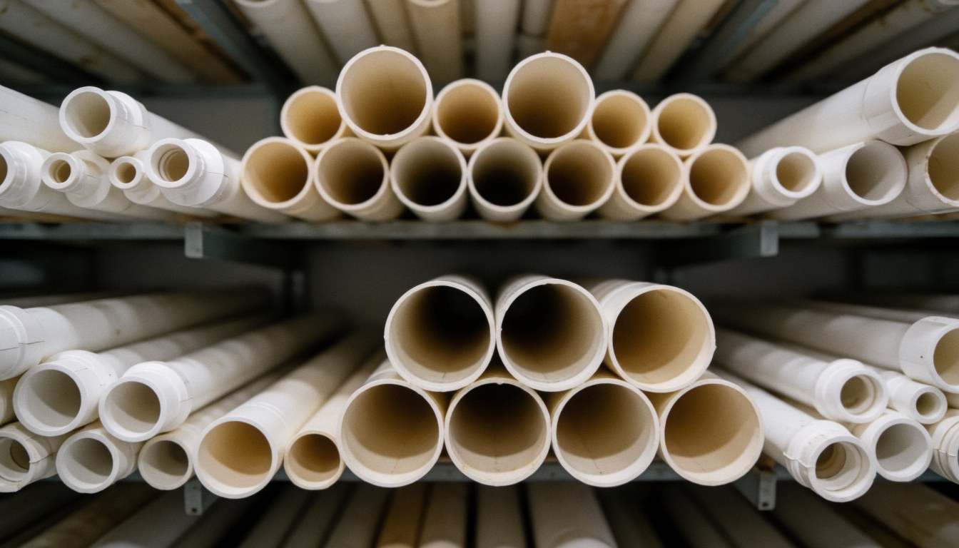White PVC pipes stored on metal shelves in an industrial warehouse.