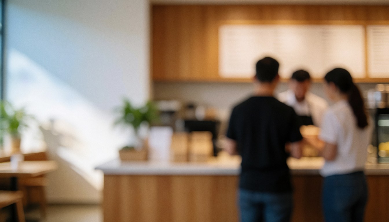 Two customers ordering coffee at a modern café with natural light and wooden counter.