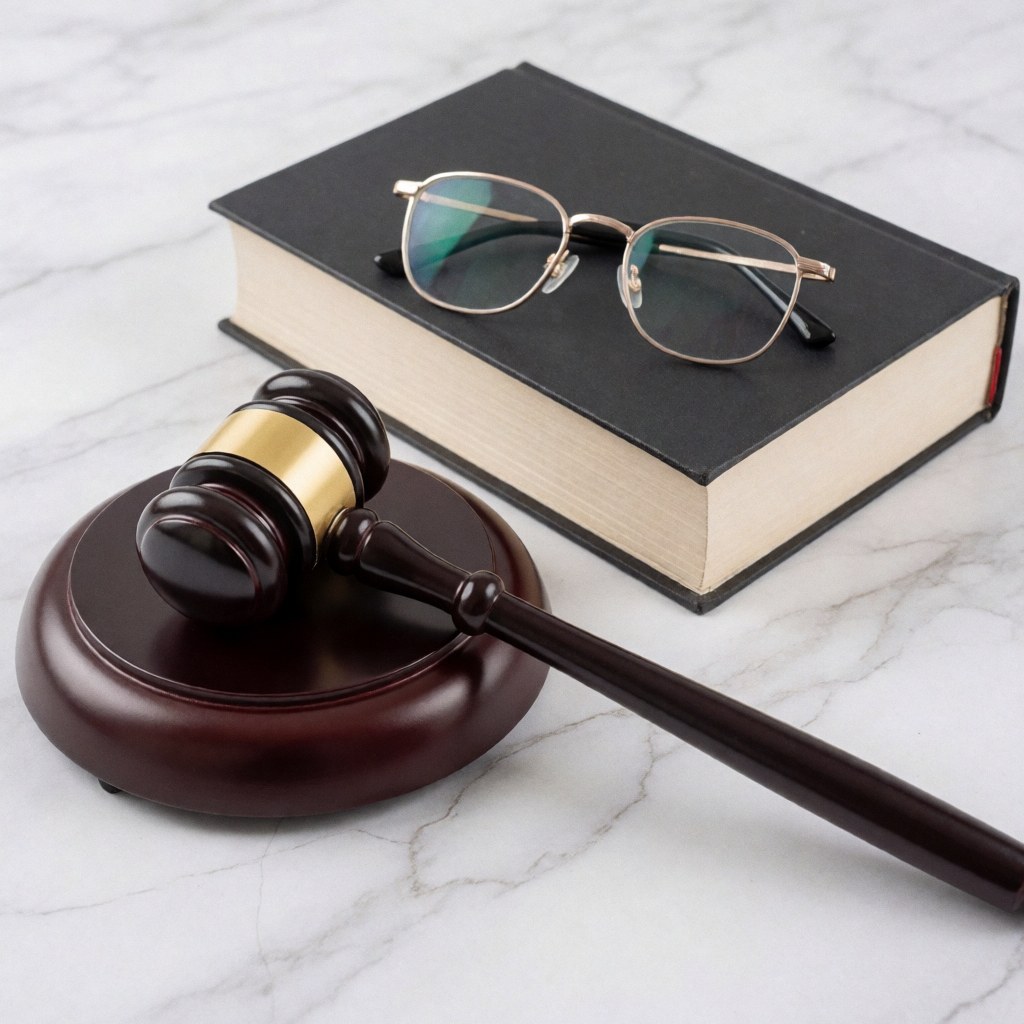 A judge's gavel, a book, and glasses rest on a white and gray marble surface.
