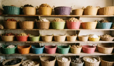 Shelves with colorful baskets filled with nuts and grains in a market or store.