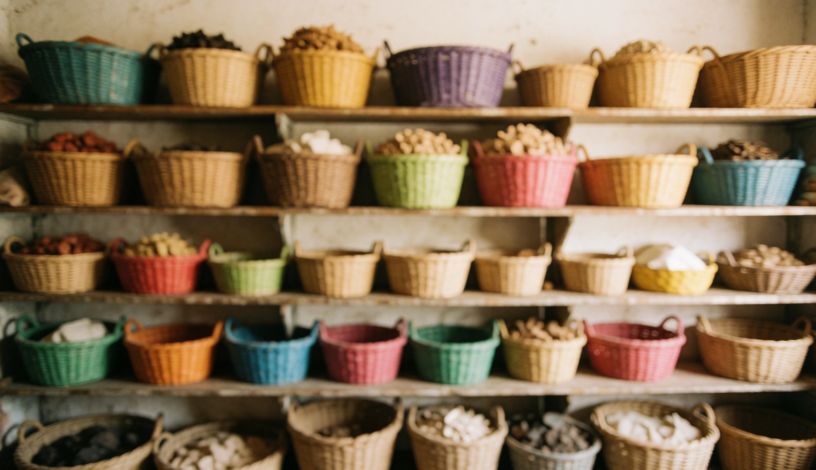 Shelves with colorful baskets filled with nuts and grains in a market or store.