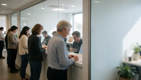 Several adult clients wait in line at a modern office reception, speaking with staff behind the counter.