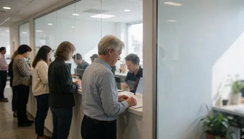Several adult clients wait in line at a modern office reception, speaking with staff behind the counter.