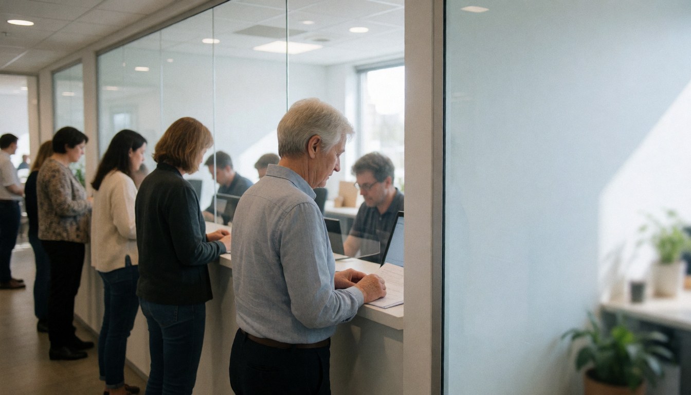 Travel agents helping customers at a modern office counter with glass walls and plants