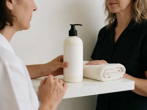 A client receives a pet care product in a beauty salon, while a professional holds a white towel and a pump bottle.