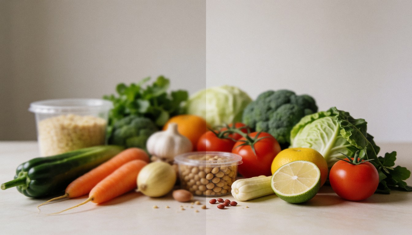 Variety of fresh vegetables and fruits on a white table, ideal for nutrition and healthy cooking.
