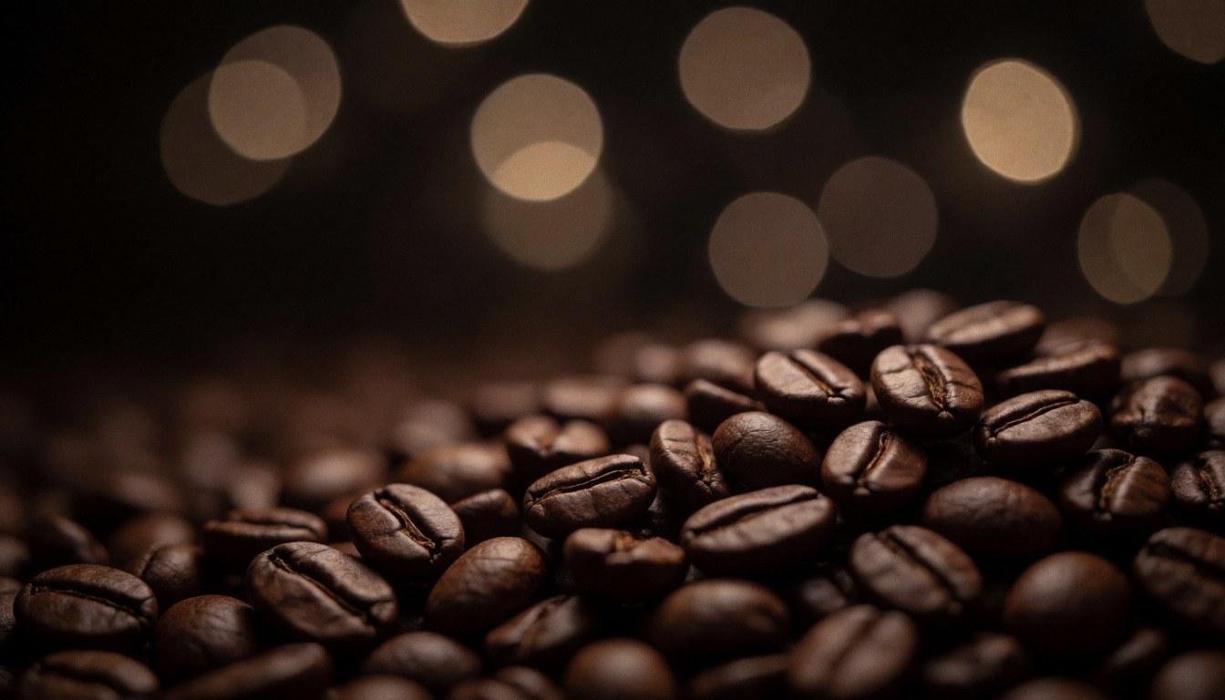 Close-up of roasted coffee beans with a warm, blurred background and lights.