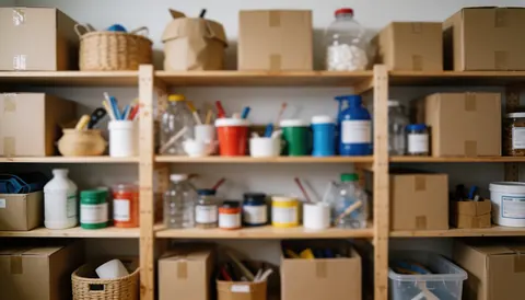 Wooden shelves with cardboard boxes, containers, and tools for moving or workshop use.