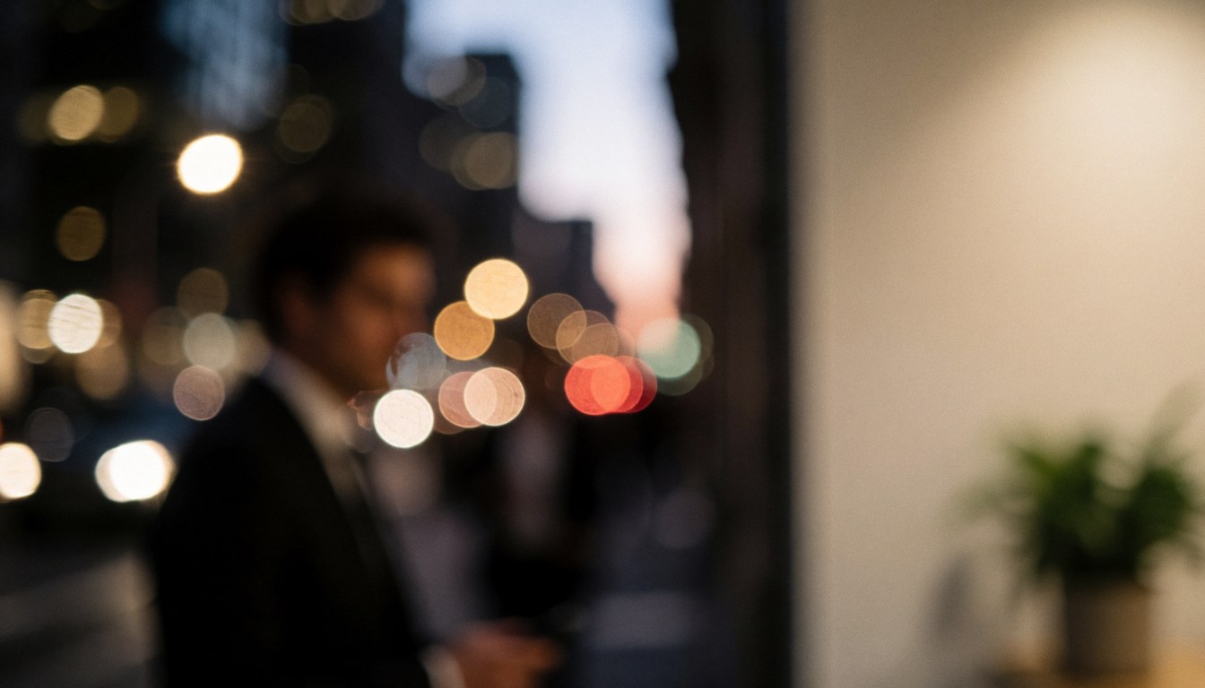 A businessman standing by a window with bokeh city lights at dusk.