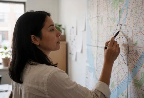 A woman with a pen marks a route on a large map hanging on an office wall.