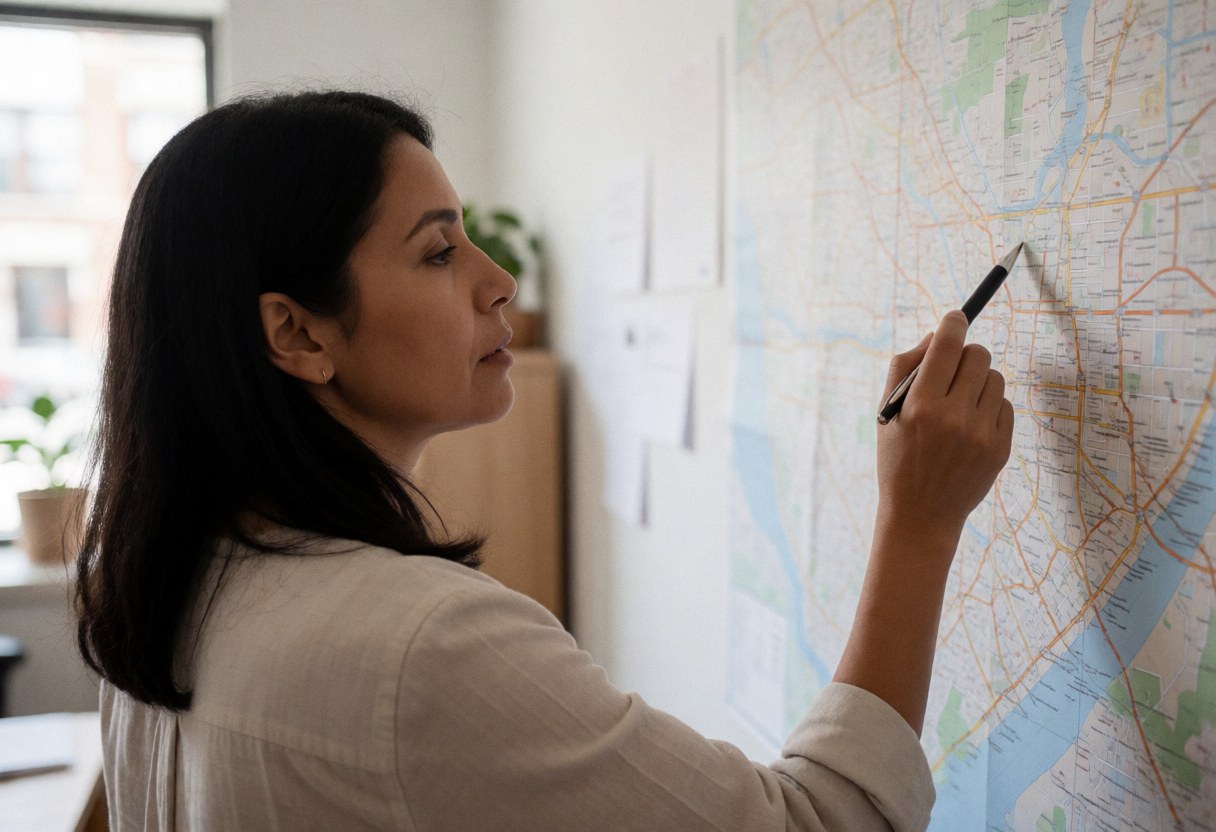 A woman with a pen marks a route on a large map hanging on an office wall.