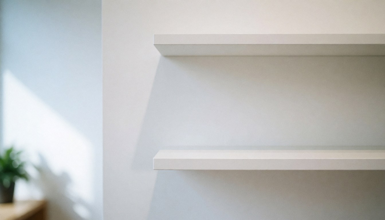 Two empty white shelves mounted on a white wall, with a plant in the background.