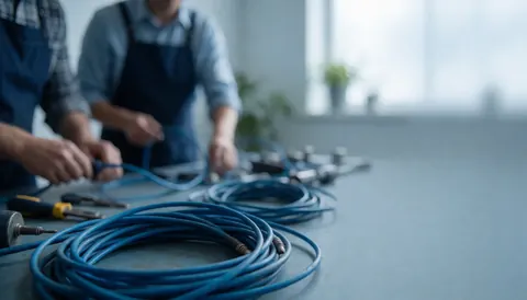 Blue electrical cables and power tools arranged on a workbench with electricians working in the background of a well-lit workshop