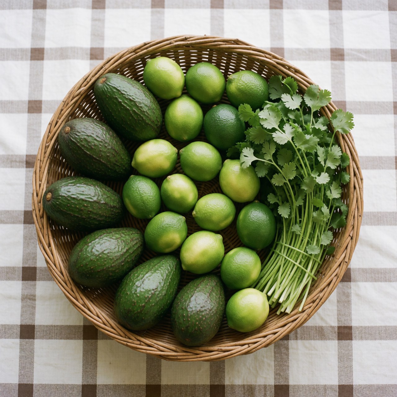 Wicker basket with avocados, limes, and fresh cilantro on a checkered tablecloth for a minimarket