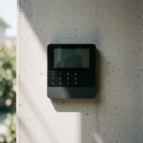 Modern security control panel with keypad and screen mounted on a concrete wall, illuminated by natural light from the left.