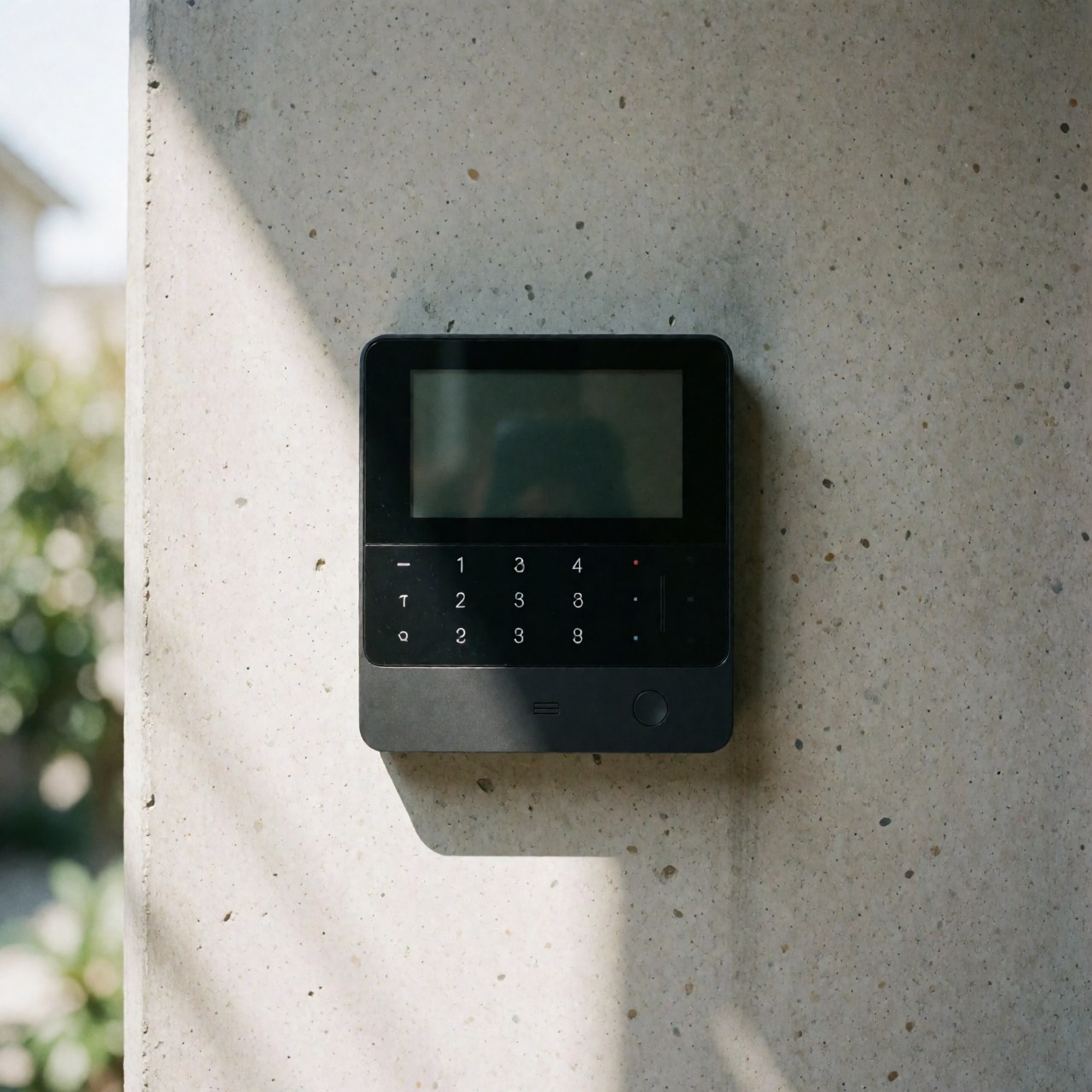 Modern security control panel with keypad and screen mounted on a concrete wall, illuminated by natural light from the left.