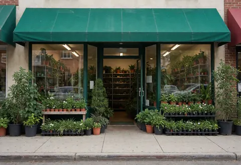 Garden shop with potted plants and green awning, showing entrance and display windows with products.