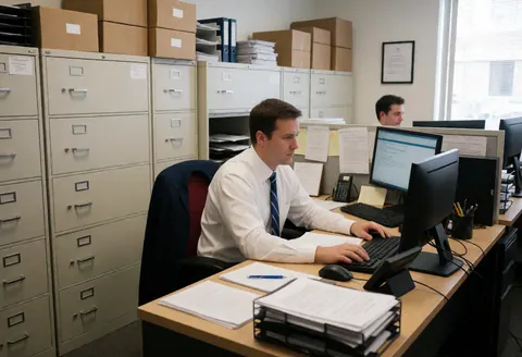 An administrator works at his desk in an office, surrounded by files, computer and documents.