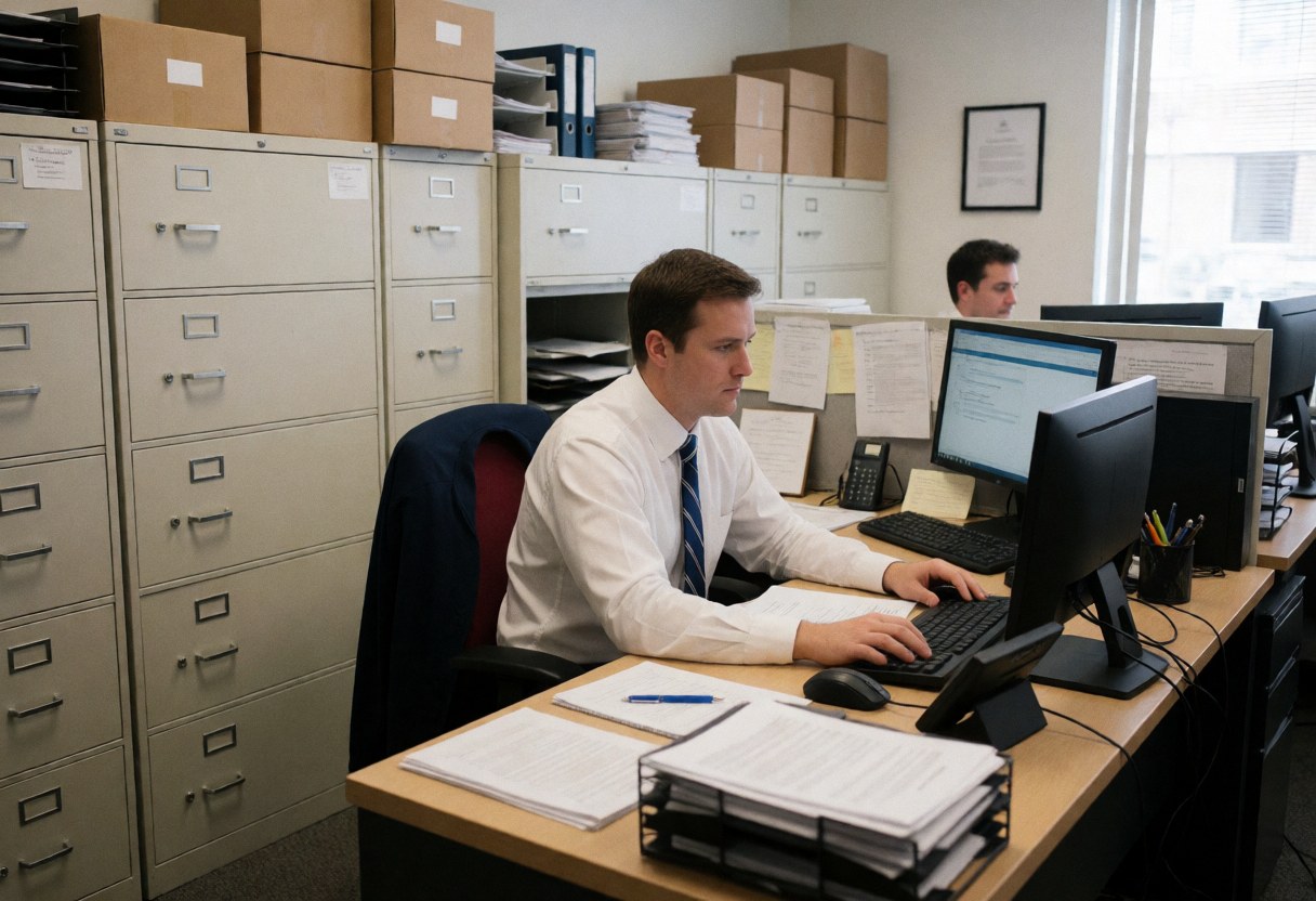 An administrator works at his desk in an office, surrounded by files, computer and documents.
