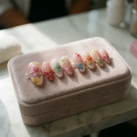 Set of acrylic nails featuring delicate floral art presented in a pink velvet box on a salon table
