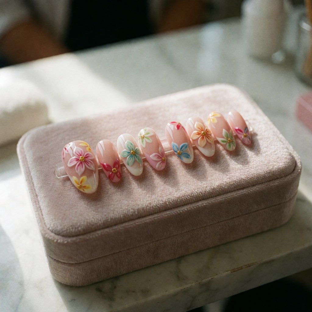 Set of acrylic nails featuring delicate floral art presented in a pink velvet box on a salon table