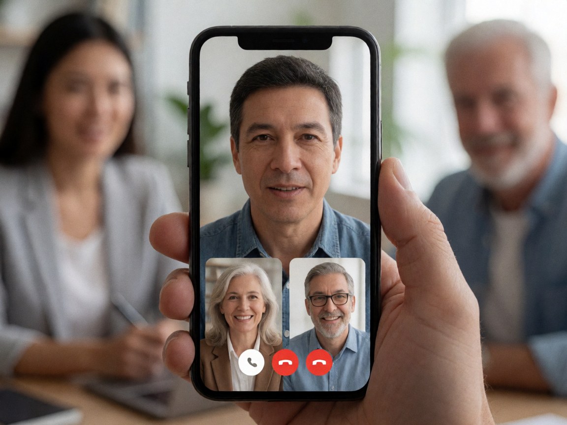 A hand holds a phone showing an active video call with four smiling people in a virtual meeting.
