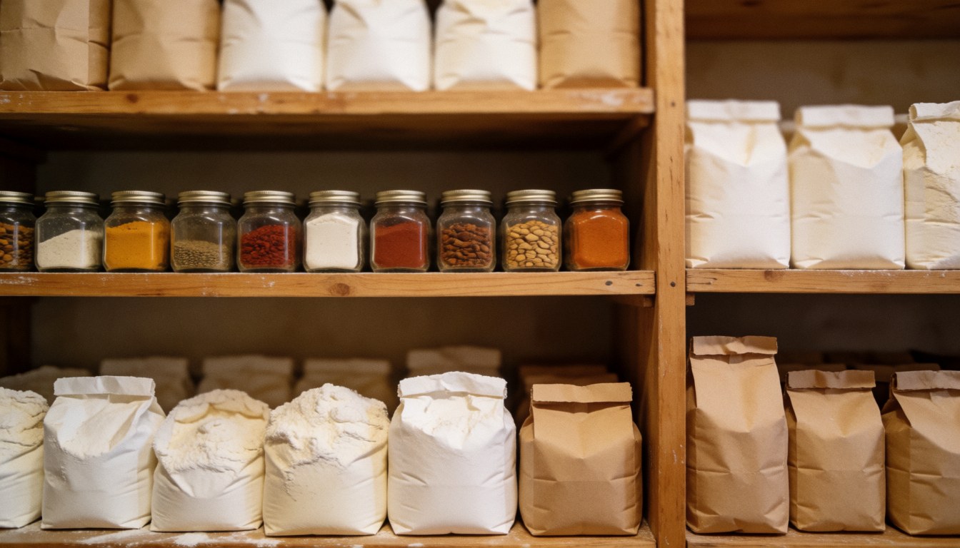 Shelves of flours and spices in a bakery, with bags and jars organized on wooden shelves.