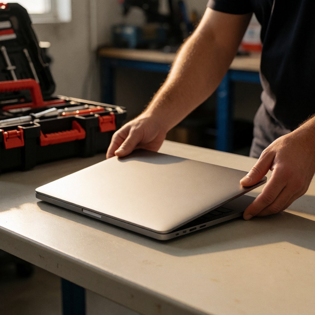 A man places a laptop on a workbench with a toolbox in the background.