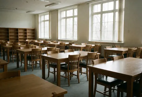 Spacious empty university library interior featuring wooden tables and chairs illuminated by natural light from large windows