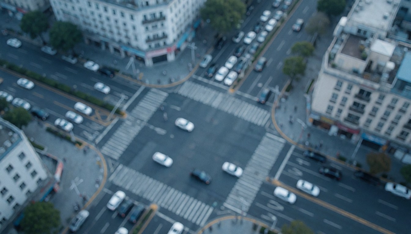 Aerial view from above of a city intersection with cars and buildings, all blurred.