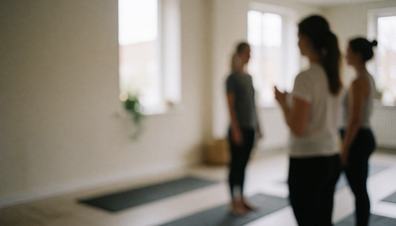 Blurred group of people in yoga class in studio, with mats and windows.