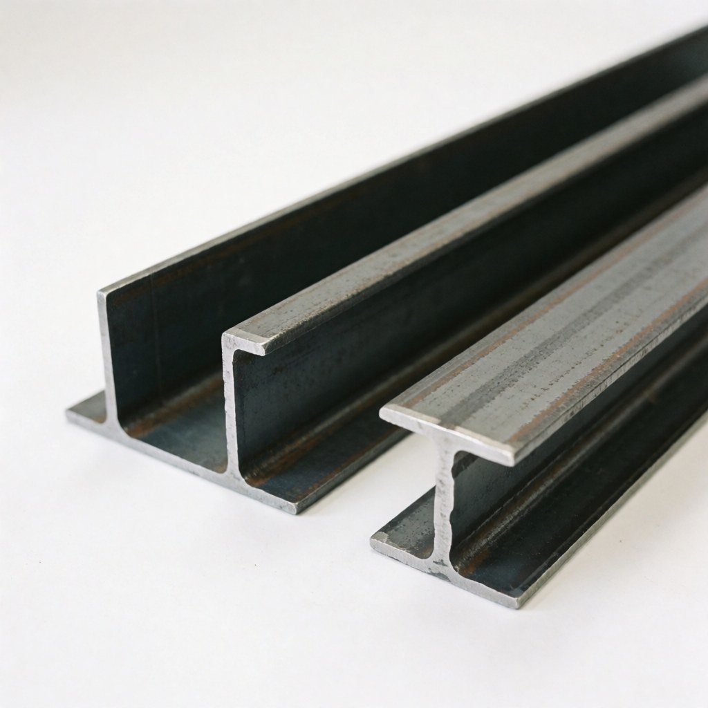 Two steel I-beams on a white background, showing their metallic structure and polished surface.