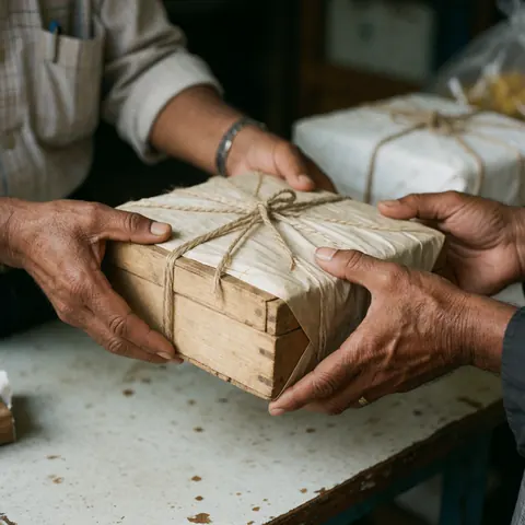 Close-up of elderly hands holding a wooden box wrapped in paper and tied with twine during a delivery