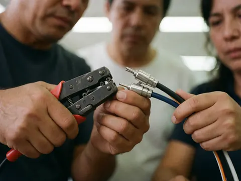 Close-up of adult hands using a crimping tool to connect solar cables, showing metal connectors and wire insulation in a well-lit workshop.