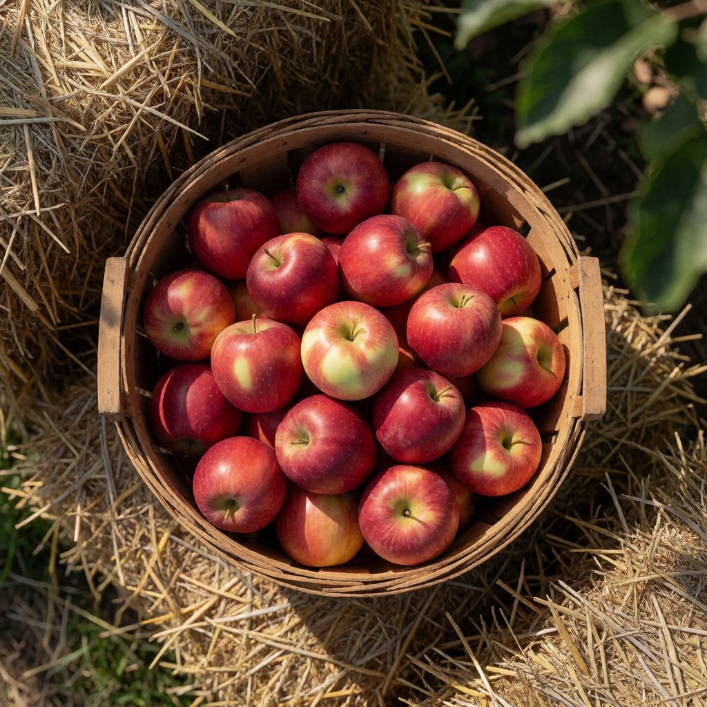 A basket of shiny red apples resting on hay in an orchard with dappled sunlight