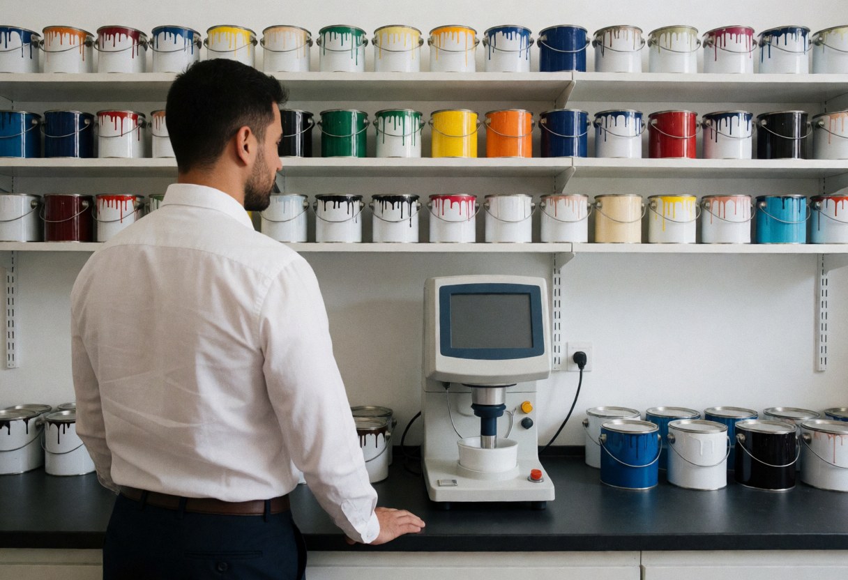 Interior of a paint lab with shelves full of paint cans and a digital mixer on the table. A man observes the equipment.