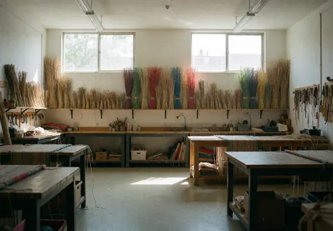 Workshop space with tables and colorful reeds ready for weaving, tools hanging and natural light from windows.