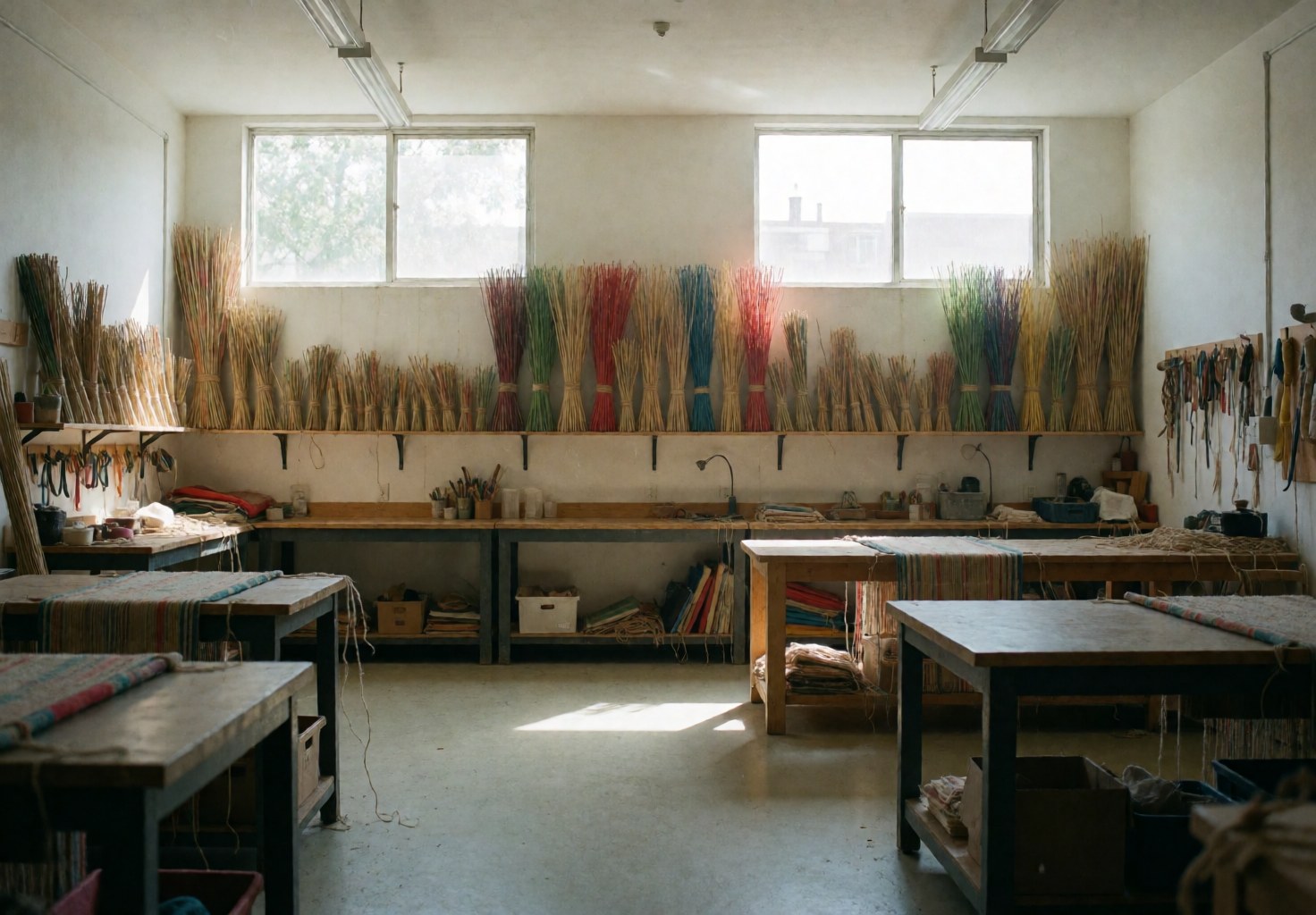 Workshop space with tables and colorful reeds ready for weaving, tools hanging and natural light from windows.