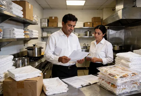 A man and a woman review documents in a professional kitchen with towels and food boxes.