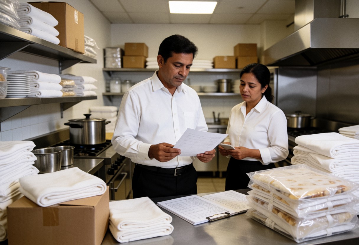 A man and a woman review documents in a professional kitchen with towels and food boxes.
