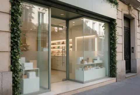 Facade of a beauty clinic with large glass windows and climbing plants on the walls.