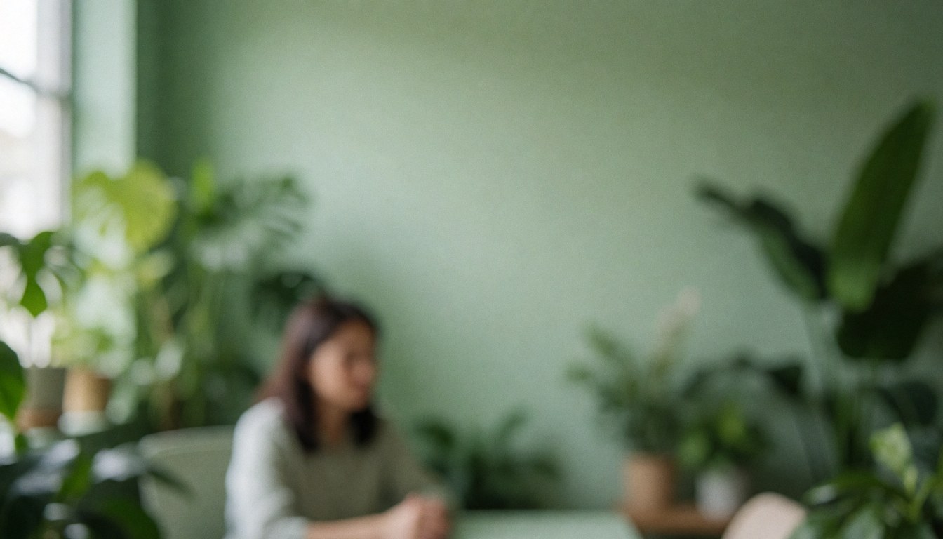 A woman sitting in an office with green walls and many decorative plants around.
