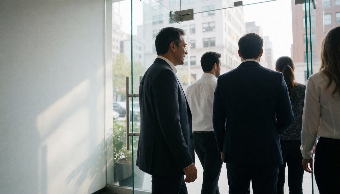 Professional business team in suits walking confidently out of a modern office building towards the city street