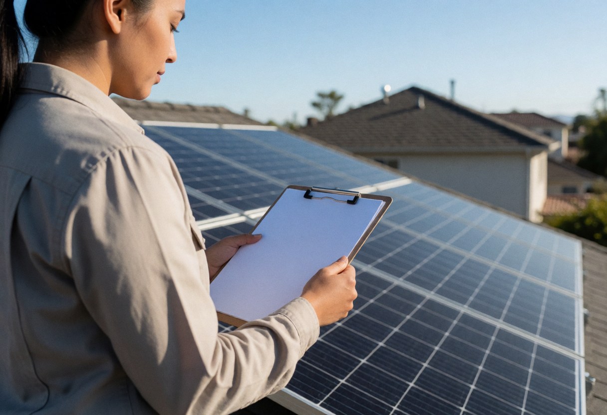 A technician with a clipboard inspects solar panels on a house roof under a clear blue sky.