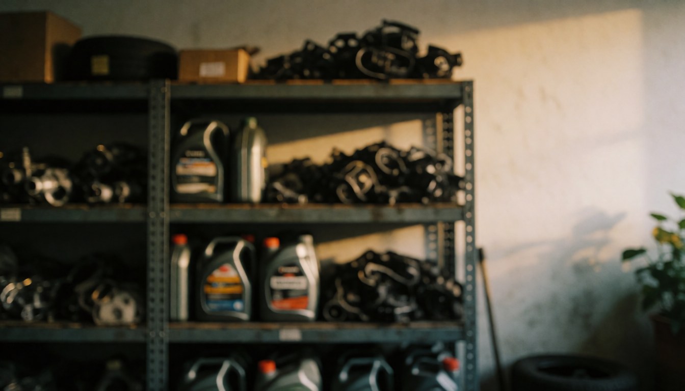 Shelves with oil cans and mechanical parts in an auto repair shop.