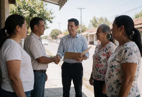 A financial consultant shakes hands with a client on the street while others watch, holding a portfolio.